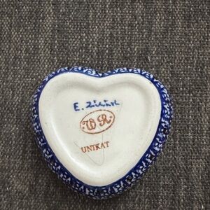 Vintage Polish Pottery Unikat, signed Handcrafted Heart-Shaped trinket dish